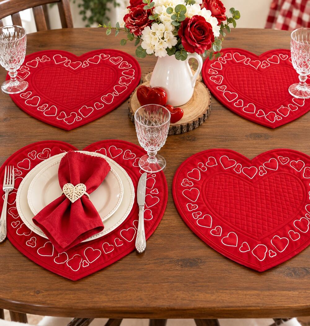 Heart Shaped Placemats Red Quilted Valentine Table Decor Cotton Blend Set of 4